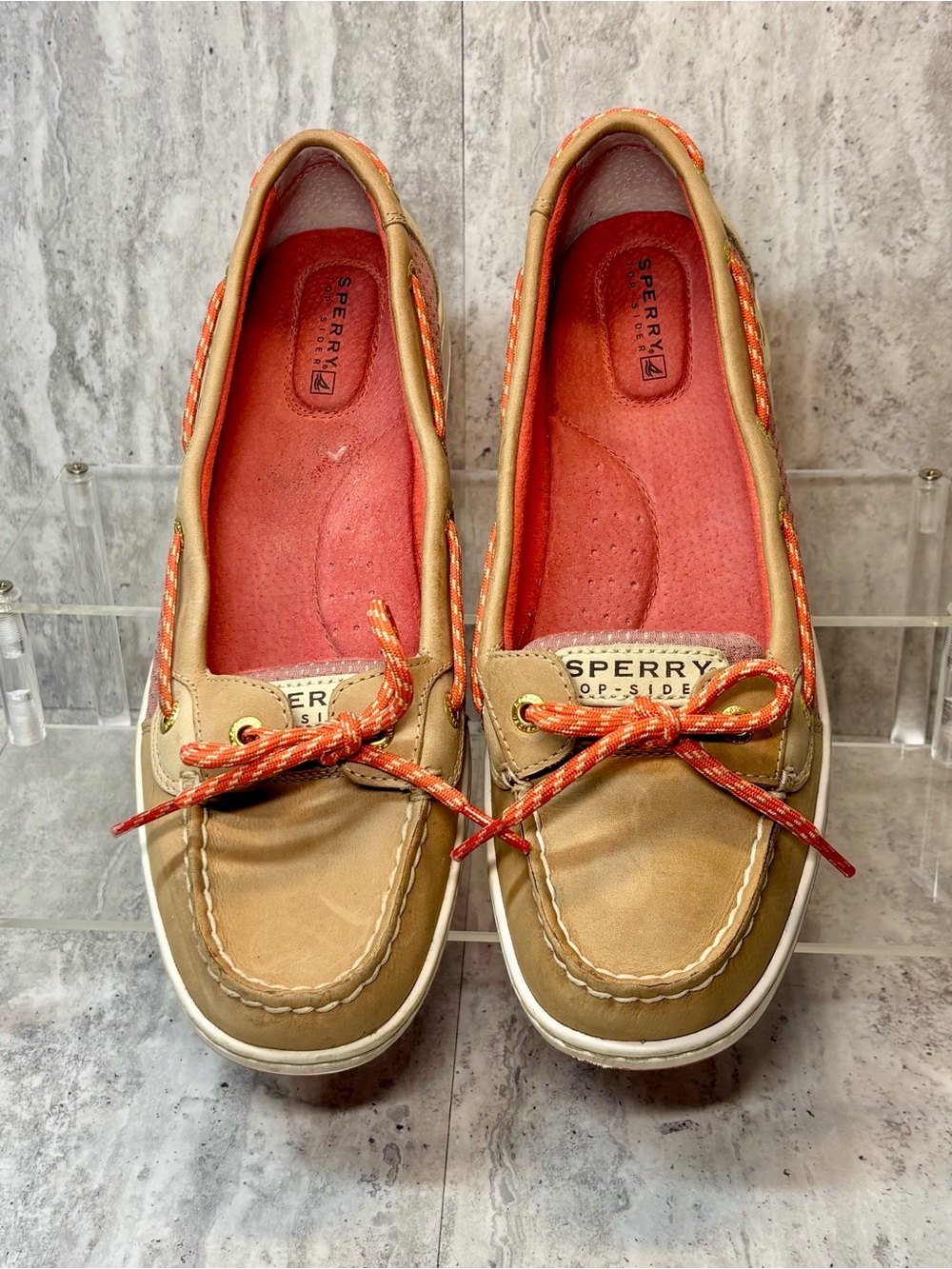 Sperry Top Sider Tan Leather and Coral Boat Shoes Slip Ons Loafers Sz 9M - Picture 2 of 7